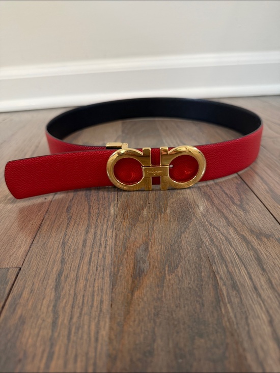 Salvatore Ferragamo Black & Red Reversible Leather Belt with Gold Gancini Buckle main image 4